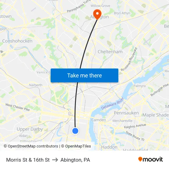 Morris St & 16th St to Abington, PA map