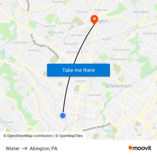 Wister to Abington, PA map