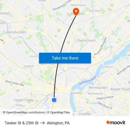 Tasker St & 25th St to Abington, PA map
