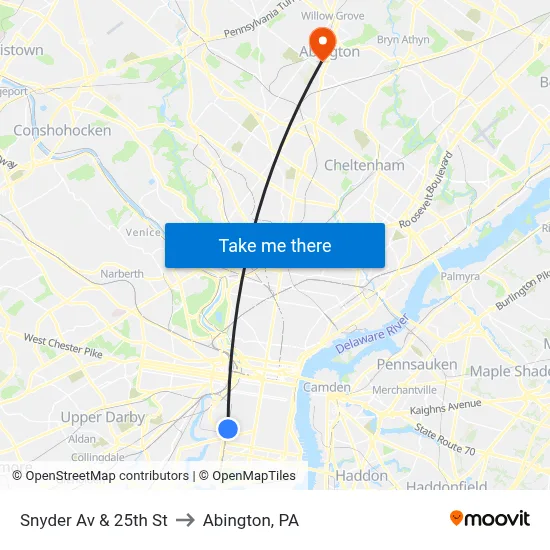 Snyder Av & 25th St to Abington, PA map