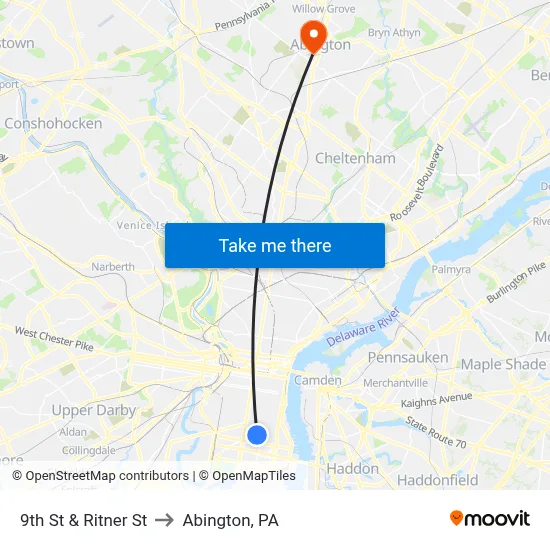 9th St & Ritner St to Abington, PA map