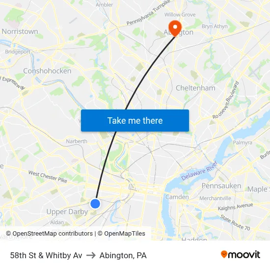 58th St & Whitby Av to Abington, PA map