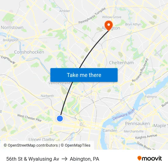 56th St & Wyalusing Av to Abington, PA map