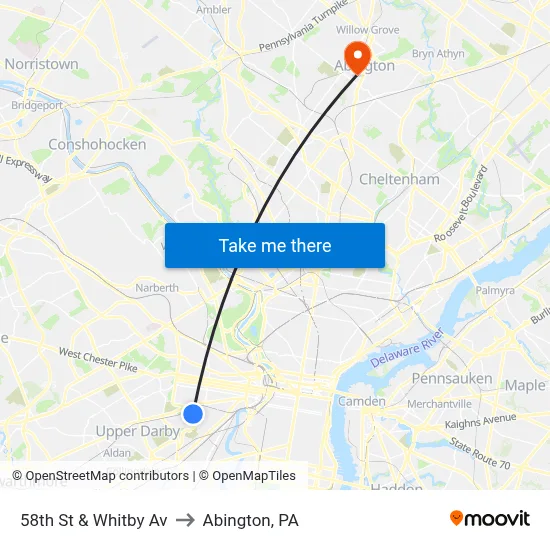 58th St & Whitby Av to Abington, PA map