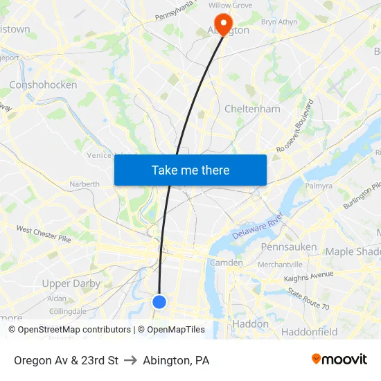 Oregon Av & 23rd St to Abington, PA map
