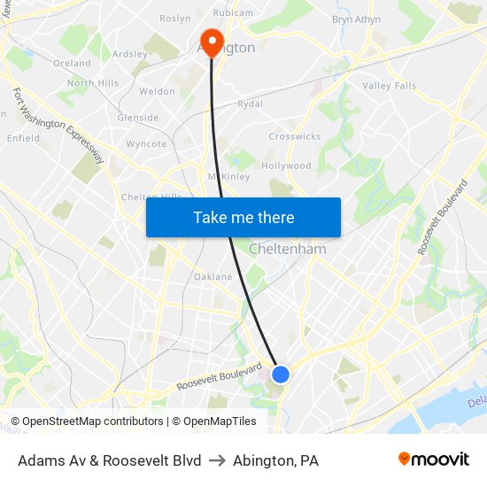 Adams Av & Roosevelt Blvd to Abington, PA map