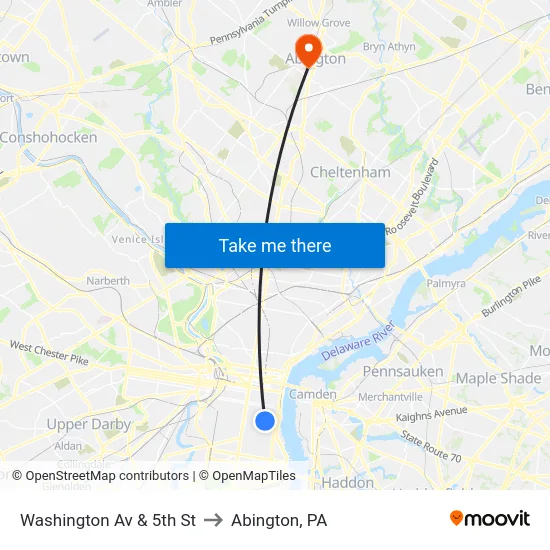 Washington Av & 5th St to Abington, PA map