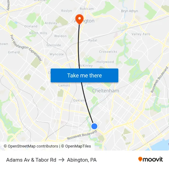 Adams Av & Tabor Rd to Abington, PA map