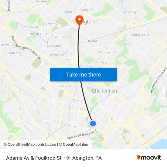 Adams Av & Foulkrod St to Abington, PA map