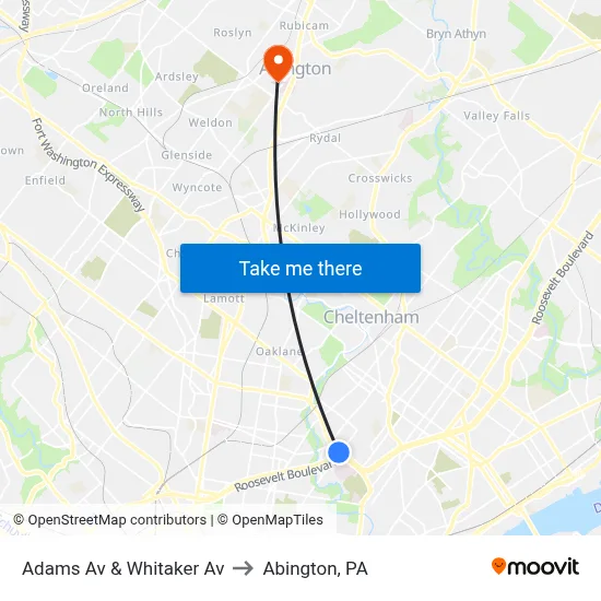 Adams Av & Whitaker Av to Abington, PA map