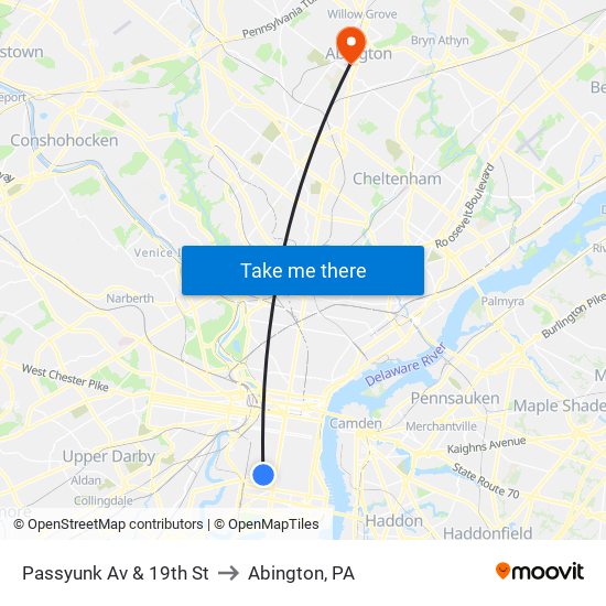 Passyunk Av & 19th St to Abington, PA map
