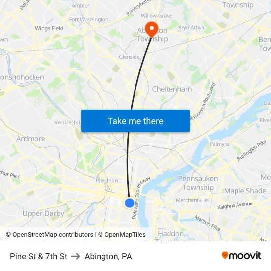 Pine St & 7th St to Abington, PA map