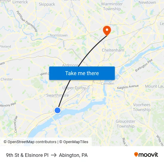 9th St & Elsinore Pl to Abington, PA map