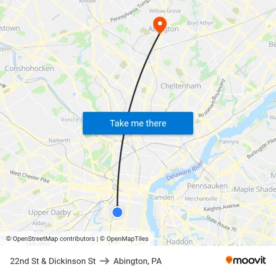 22nd St & Dickinson St to Abington, PA map