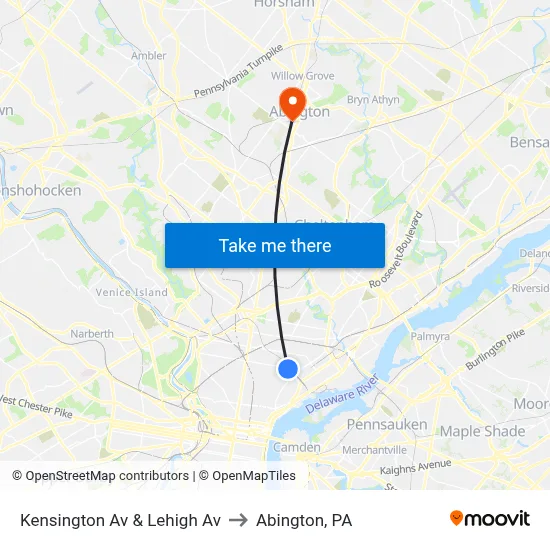 Kensington Av & Lehigh Av to Abington, PA map