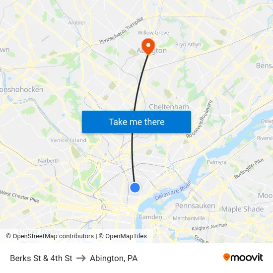 Berks St & 4th St to Abington, PA map