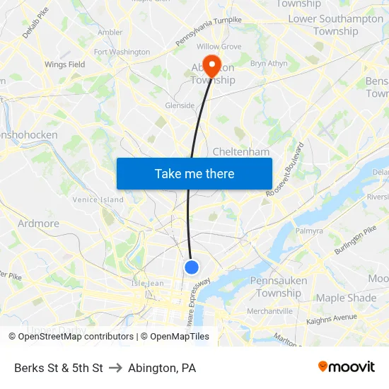 Berks St & 5th St to Abington, PA map