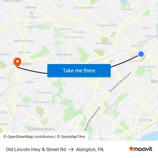 Old Lincoln Hwy & Street Rd to Abington, PA map