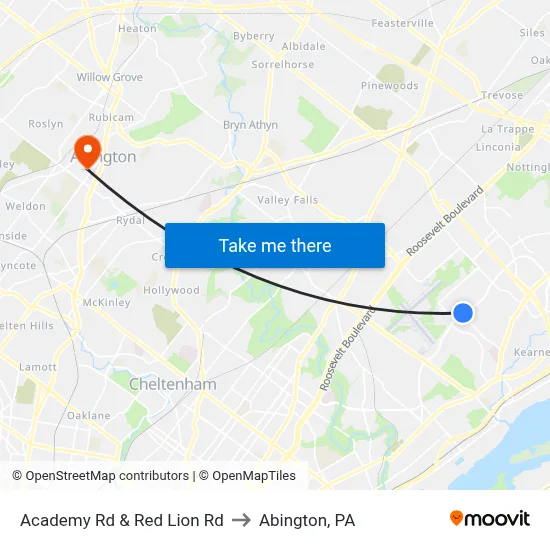 Academy Rd & Red Lion Rd to Abington, PA map