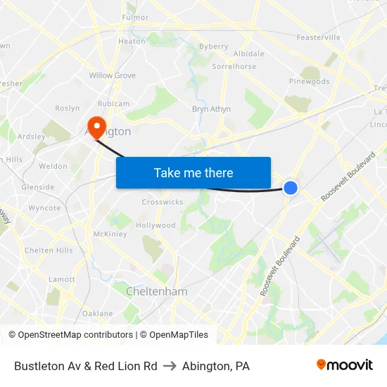 Bustleton Av & Red Lion Rd to Abington, PA map