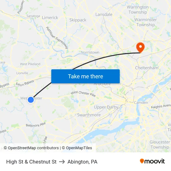 High St & Chestnut St to Abington, PA map