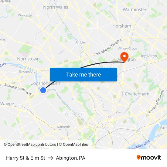 Harry St & Elm St to Abington, PA map