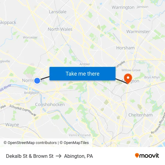 Dekalb St & Brown St to Abington, PA map