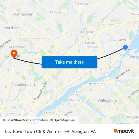 Levittown Town Ctr & Walmart to Abington, PA map