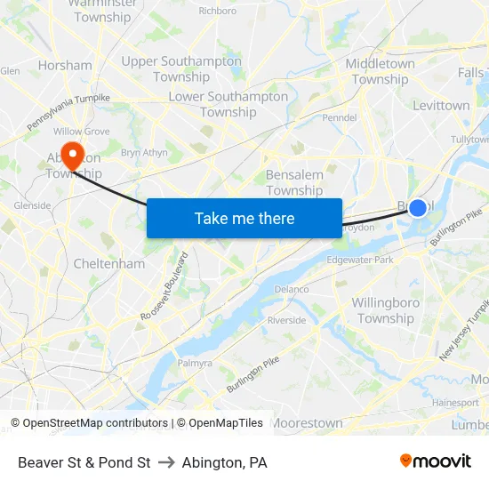 Beaver St & Pond St to Abington, PA map
