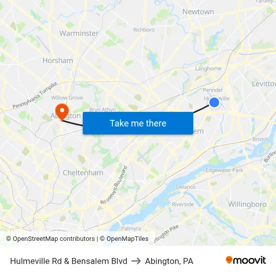 Hulmeville Rd & Bensalem Blvd to Abington, PA map