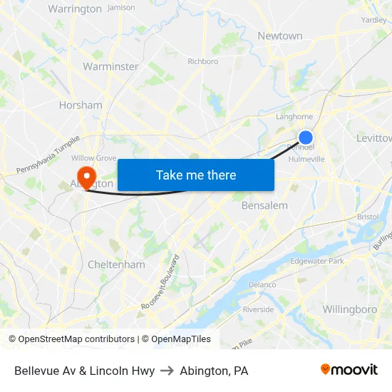Bellevue Av & Lincoln Hwy to Abington, PA map