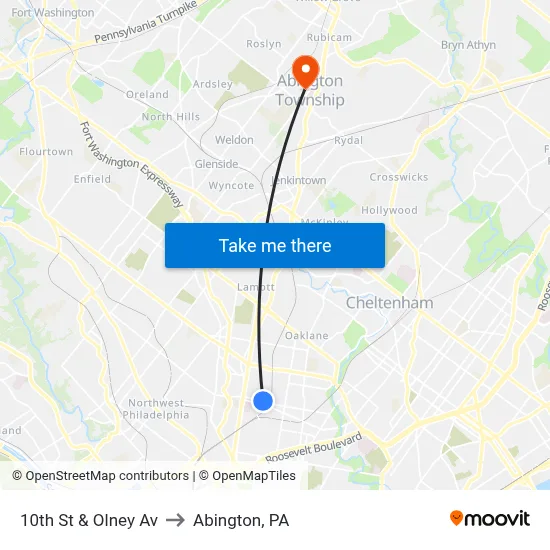 10th St & Olney Av to Abington, PA map