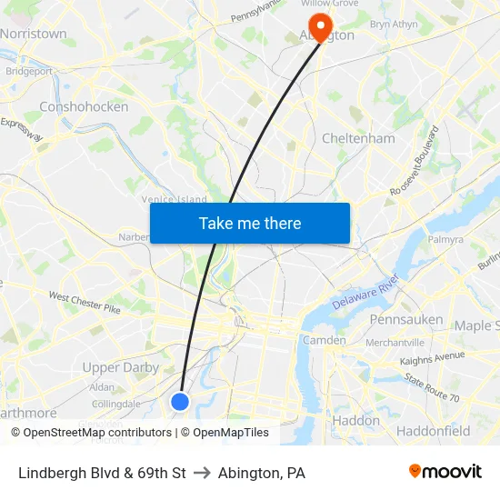Lindbergh Blvd & 69th St to Abington, PA map