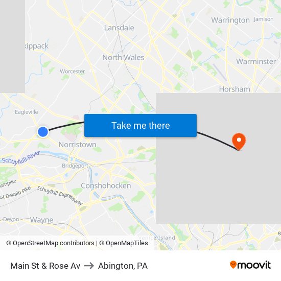 Main St & Rose Av to Abington, PA map