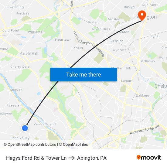 Hagys Ford Rd & Tower Ln to Abington, PA map