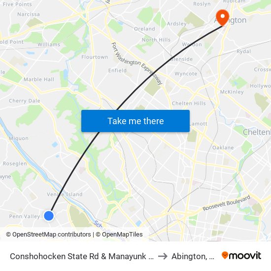 Conshohocken State Rd & Manayunk Rd to Abington, PA map