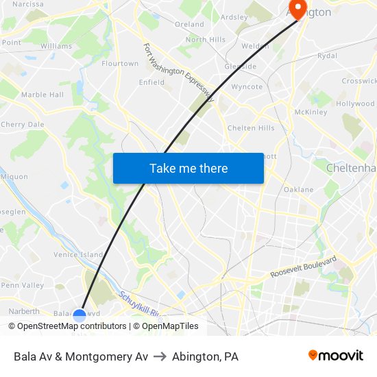 Bala Av & Montgomery Av to Abington, PA map