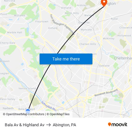 Bala Av & Highland Av to Abington, PA map