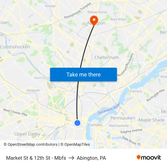 Market St & 12th St - Mbfs to Abington, PA map