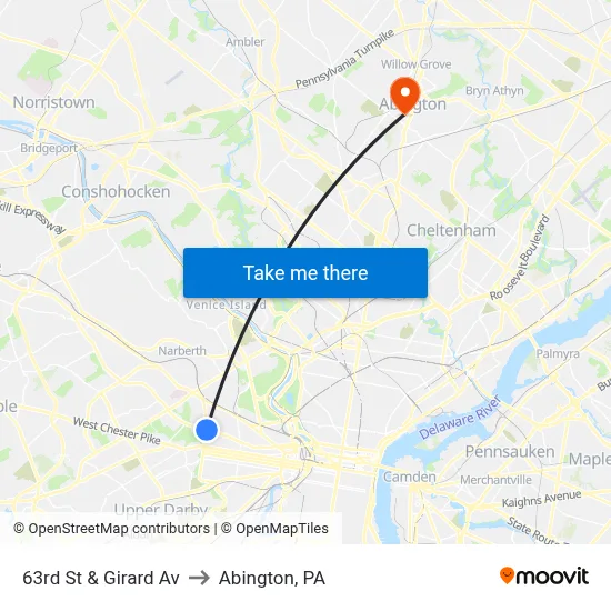 63rd St & Girard Av to Abington, PA map