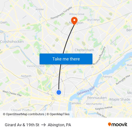 Girard Av & 19th St to Abington, PA map