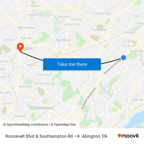 Roosevelt Blvd & Southampton Rd to Abington, PA map