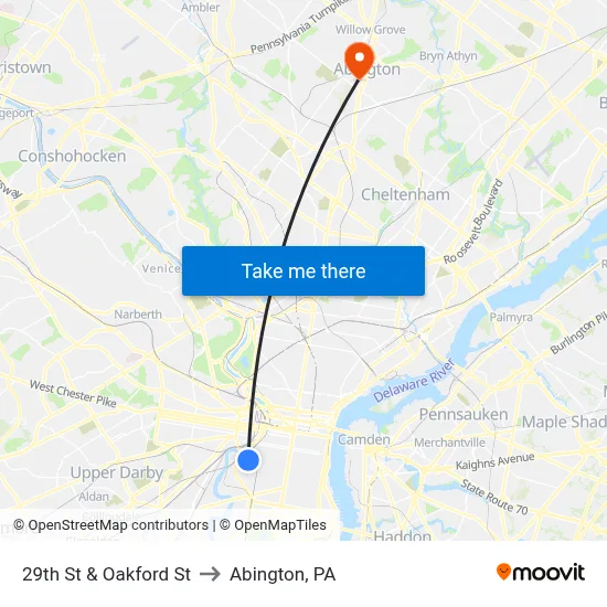 29th St & Oakford St to Abington, PA map