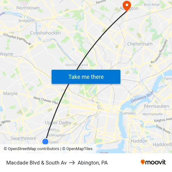 Macdade Blvd & South Av to Abington, PA map