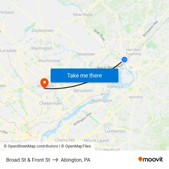 Broad St & Front St to Abington, PA map