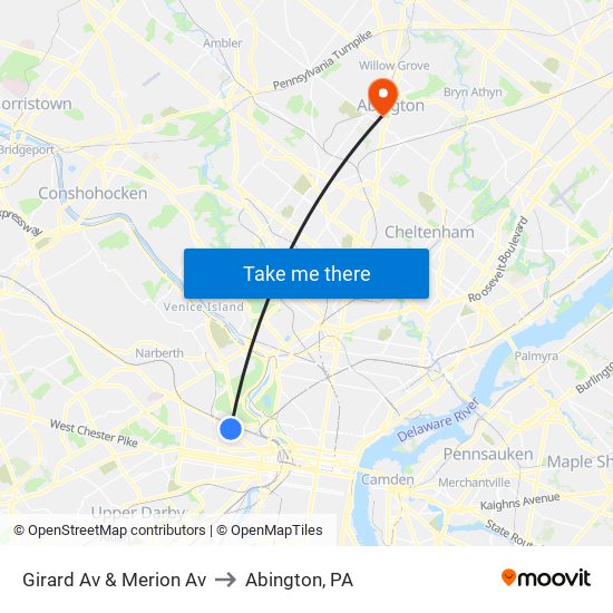 Girard Av & Merion Av to Abington, PA map