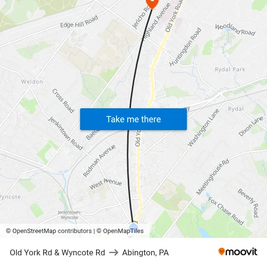 Old York Rd & Wyncote Rd to Abington, PA map