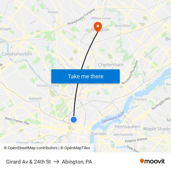 Girard Av & 24th St to Abington, PA map