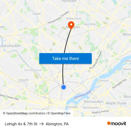 Lehigh Av & 7th St to Abington, PA map