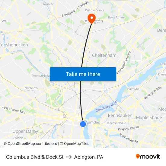 Columbus Blvd & Dock St to Abington, PA map